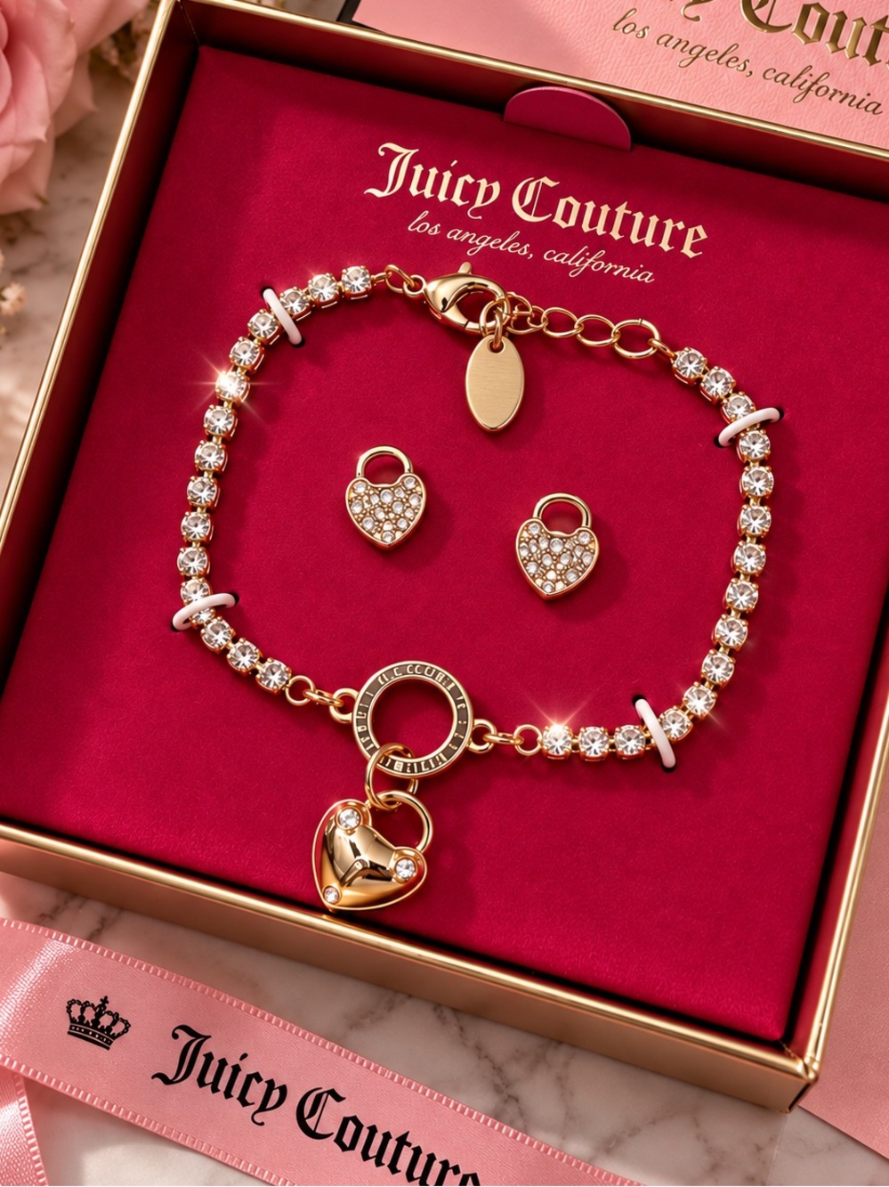New Juicy Couture Padlock Heart Jewelry Tennis Bracelet Earring Gift Set.